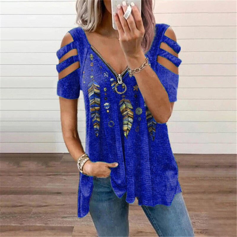 Women's Collar Zipper Pullover Sleeve Loose T-shirt Blouses