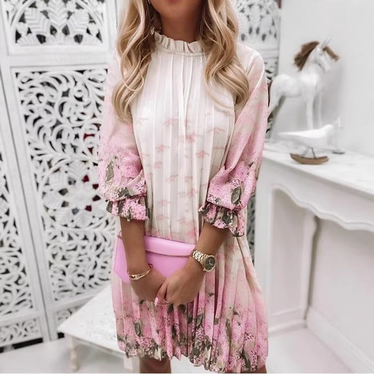 Classy Women's Printed Pleated Sleeve Pullover Dress