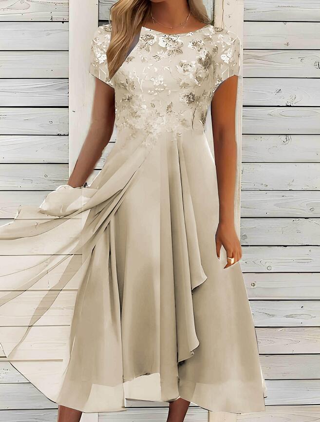 Chiffon Patchwork Round Neck Lace Long Dress