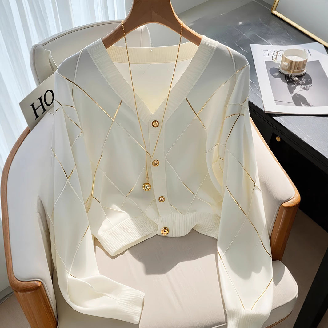 Women's White Rhombus Stripe Knitted Long Sleeve Women's Sweater
