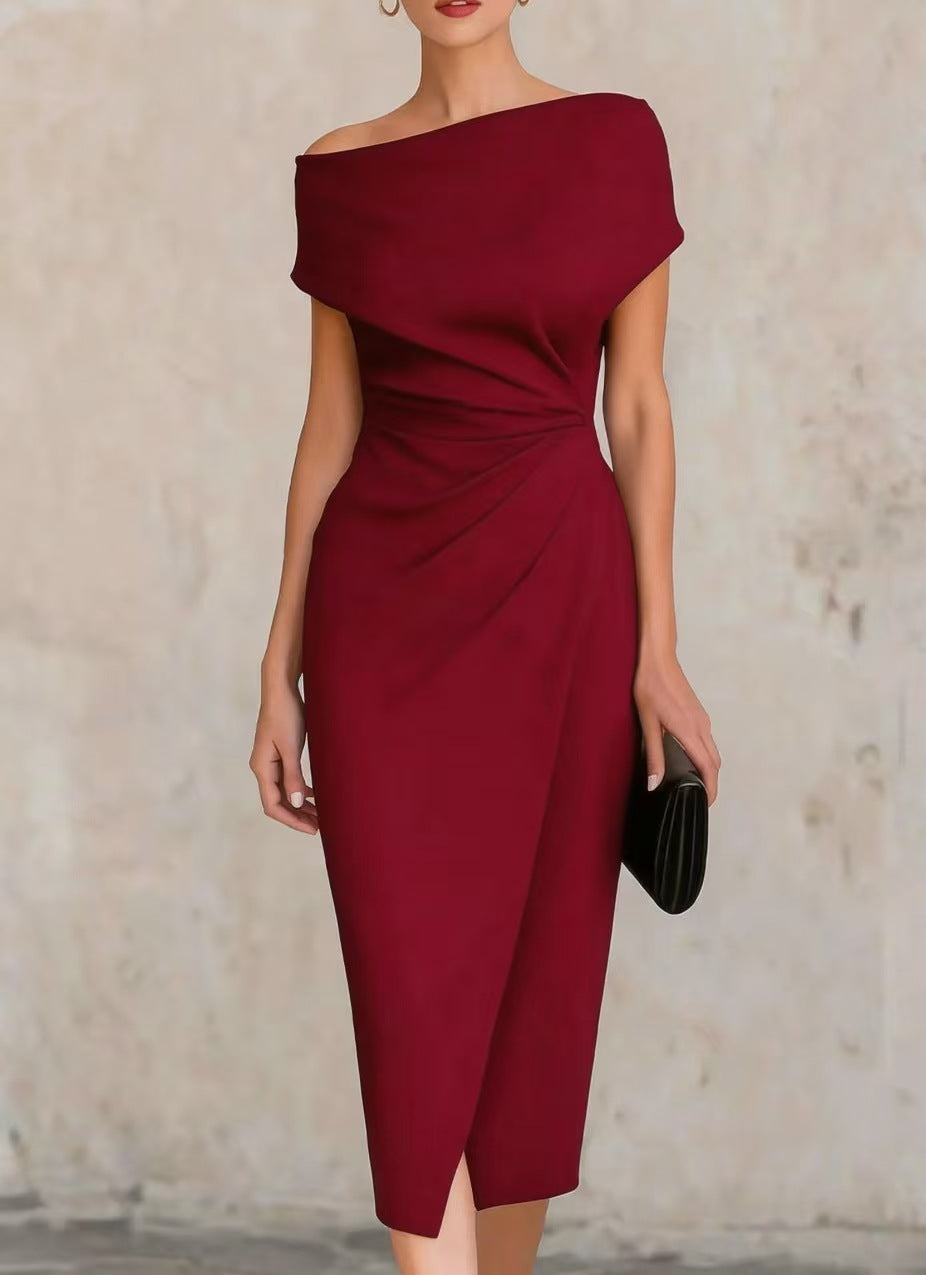 Women's Fitted Waist Pleated Banquet Commuter Split Dress