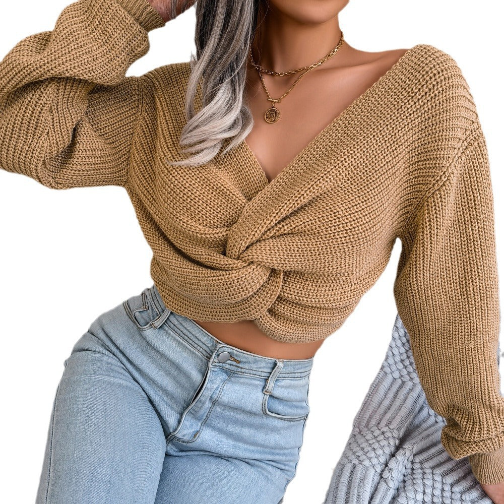 Women's Wind Long Sleeve Knotted Navel Knitted Sweater