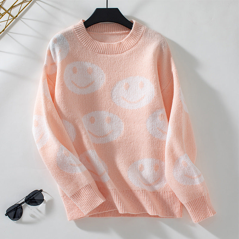 Women's Smiley Face Pattern Pullover For Loose Round Sweaters