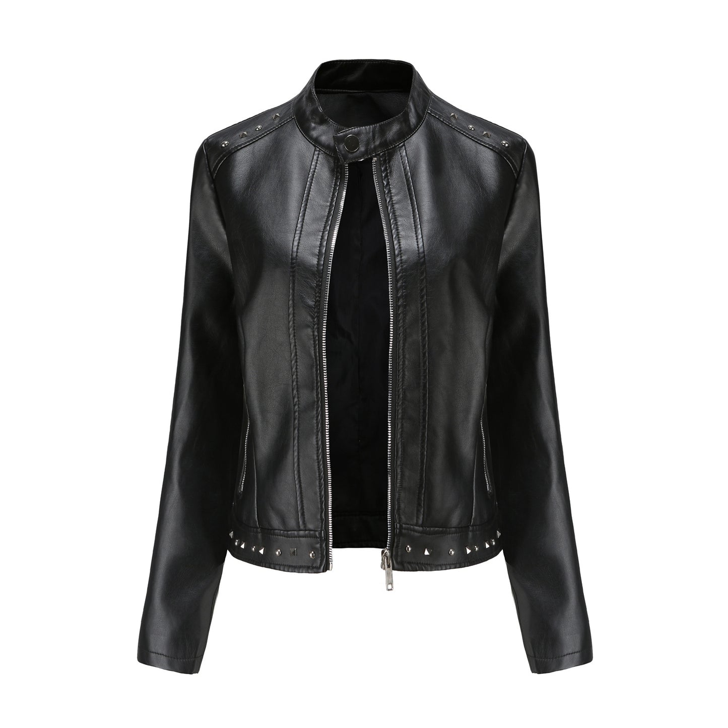 Women's Fashion Leather With Stand Collar Solid Jackets