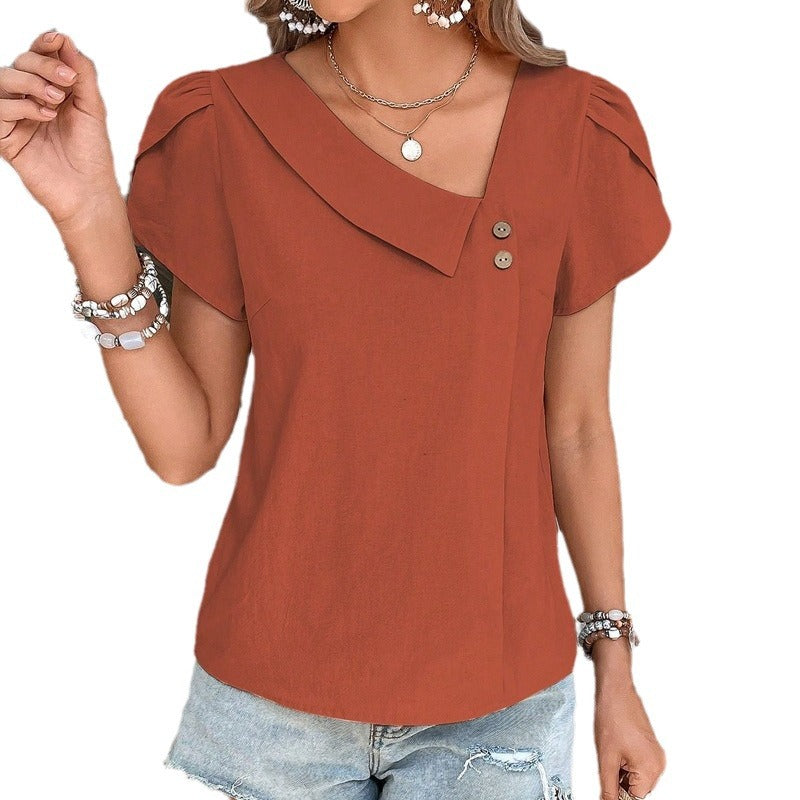 Women's Summer Diagonal Collar Solid Color Washed Tops