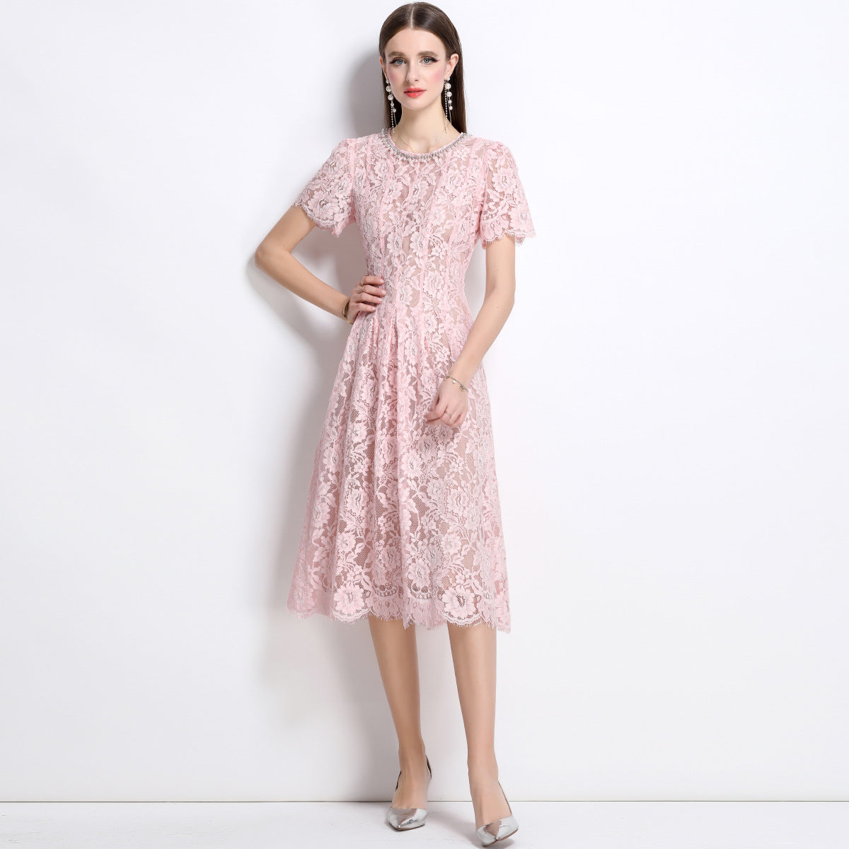 Women's Summer Rhinestone Round Neck Sleeve High-grade Dresses