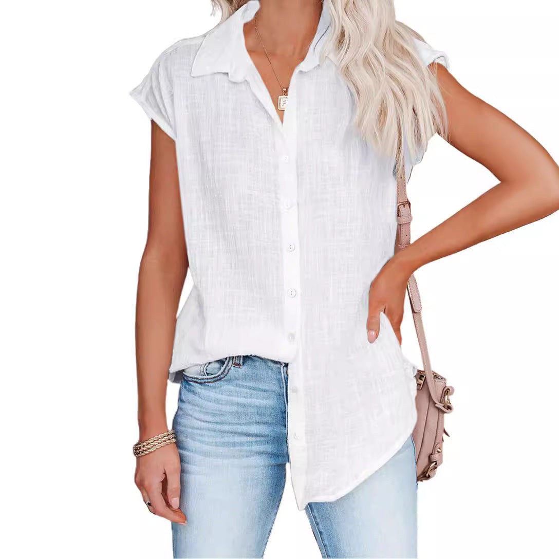 Summer Solid Color Single-breasted Lapel Shirt Blouses