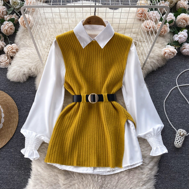 Women's Loose Long-sleeved White Collar Split Light Tops