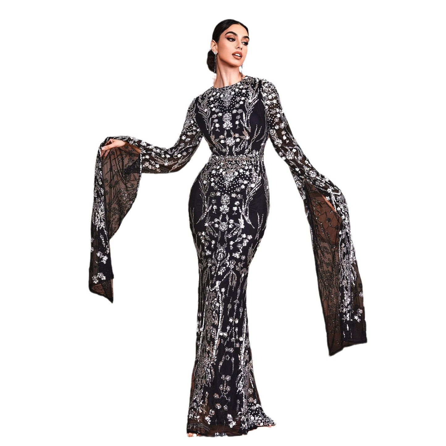 Long Sleeve Temperament Crew Neck Sexy Slim Sequined Party Dresses