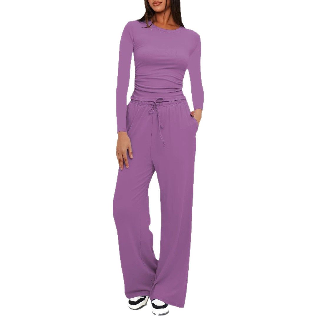 Women's Color Pleated High Waist Wide Leg Fashion Casual Suit
