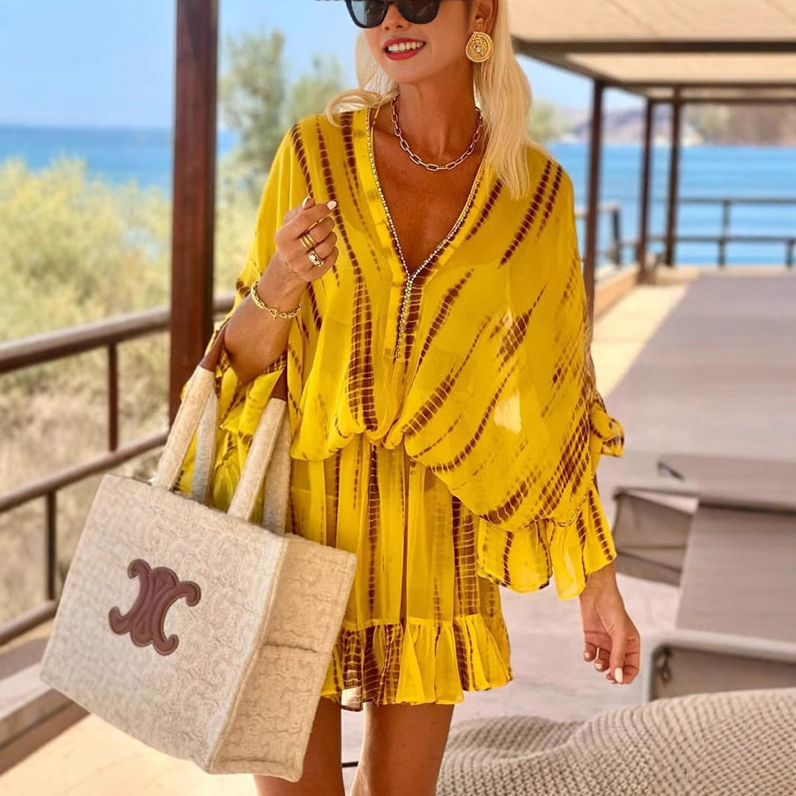 Women's Diamond Printed Batwing Sleeve Chiffon Loose Dresses