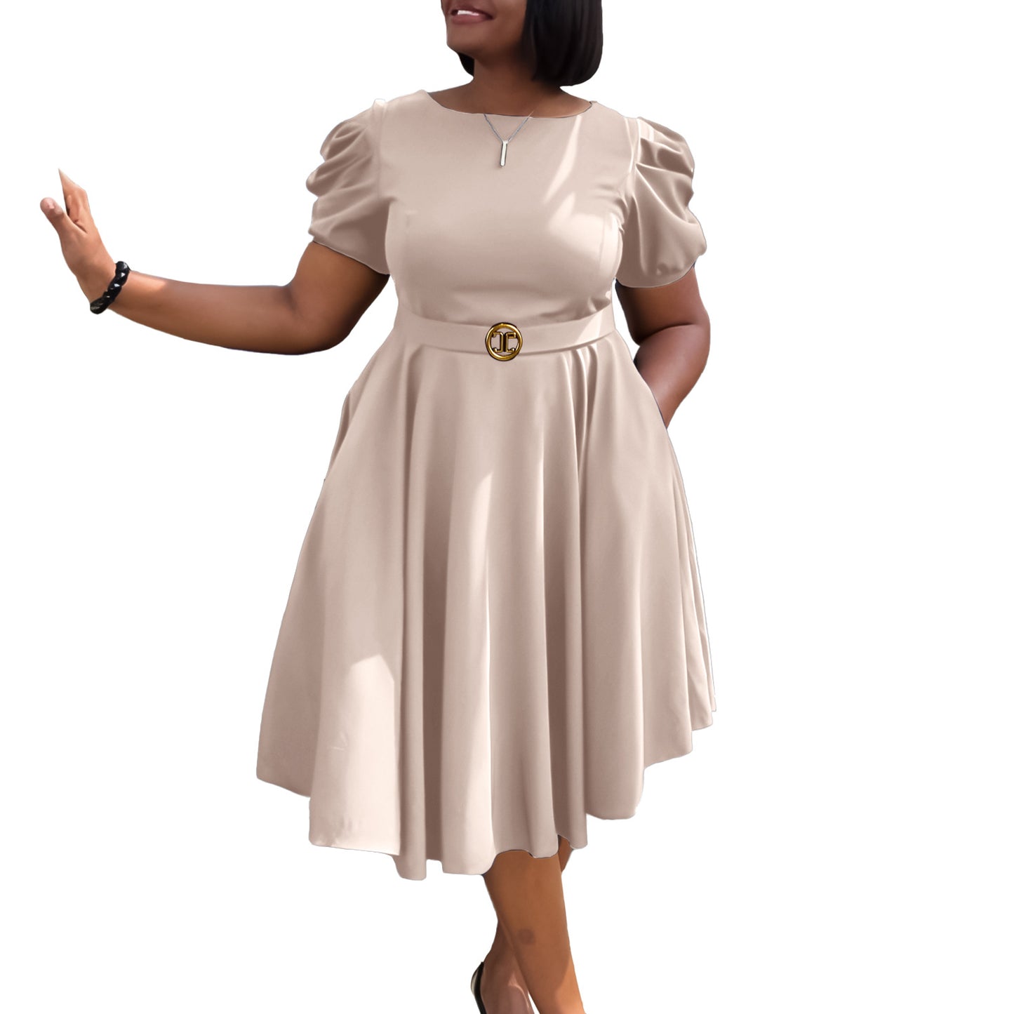 Women's Round Neck Elegant Large Hem Puff Sleeve A- Dress