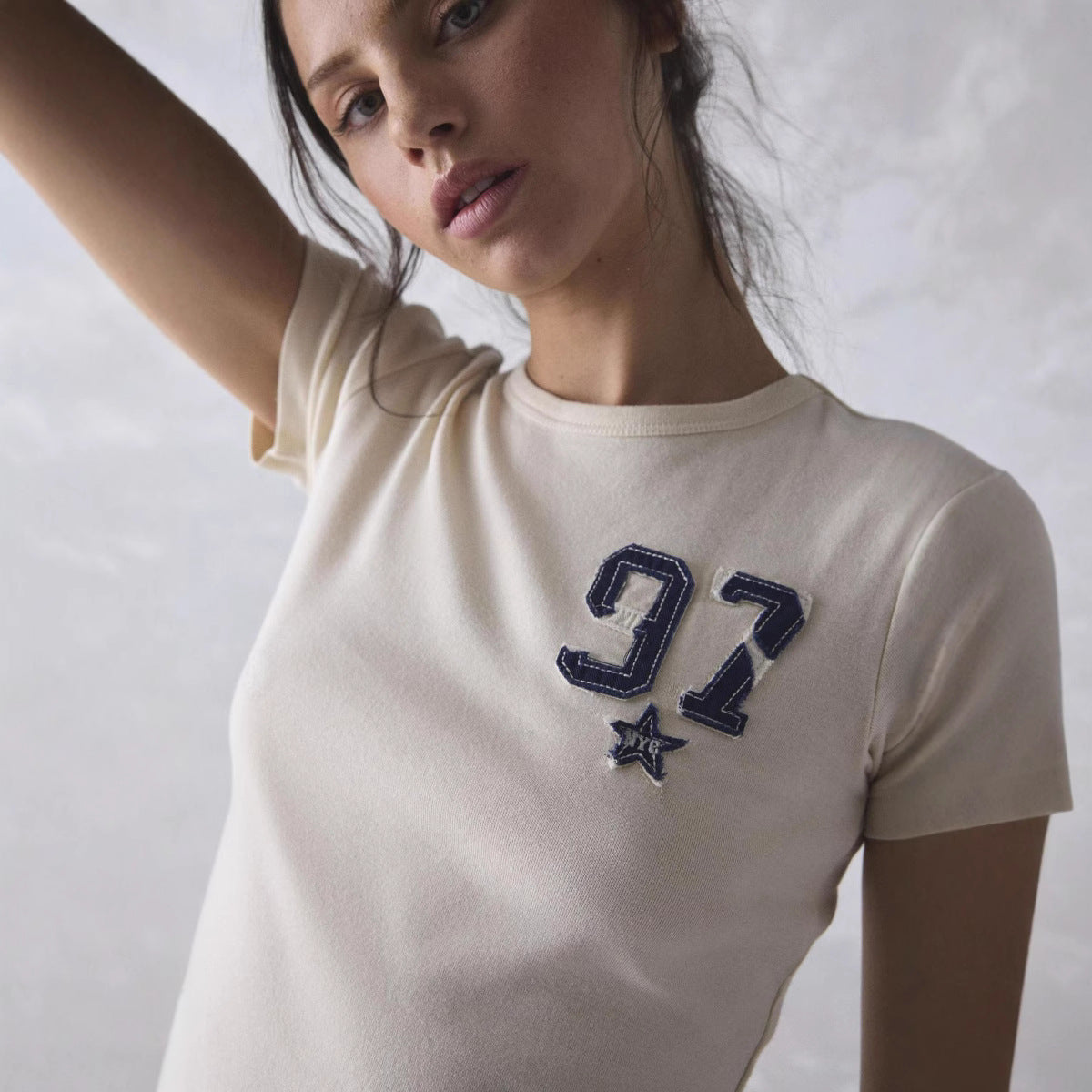 Women's Letters Blue Affixed Cloth Embroidered Summer Blouses