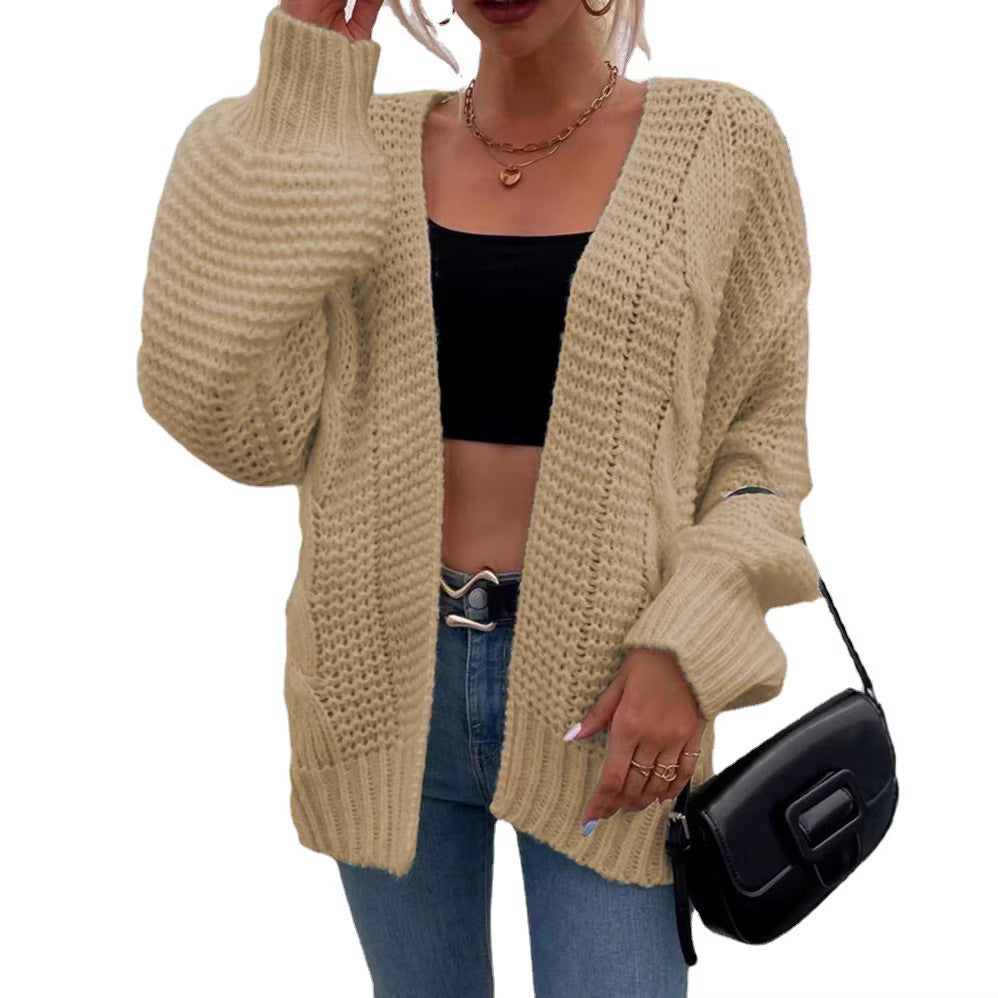 Women's Casual Long Sleeve Thick Knitted Twine Rope Loose Lantern Cardigans