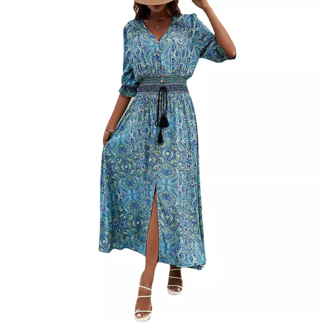 Women's Rayon Positioning Printed Sleeves Waist Bohemian Holiday Breasted Dress