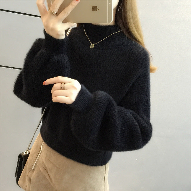Women's Lantern Sleeve Loose Outer Wear Half Turtleneck Base Knitting Korean Sweaters