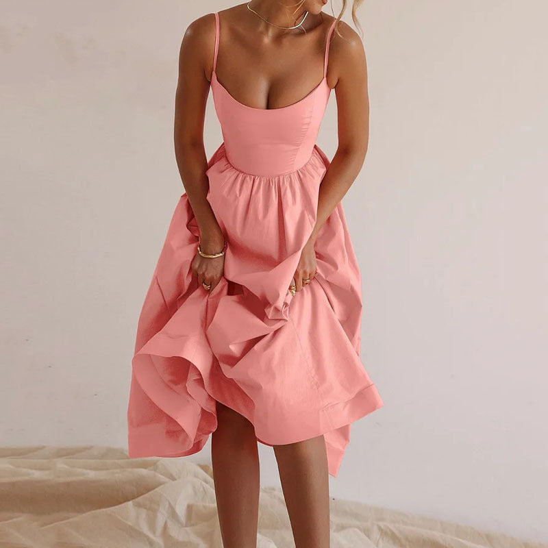 Women's Solid Color Sexy Collar Fitted Waist Pleated Sling Dress
