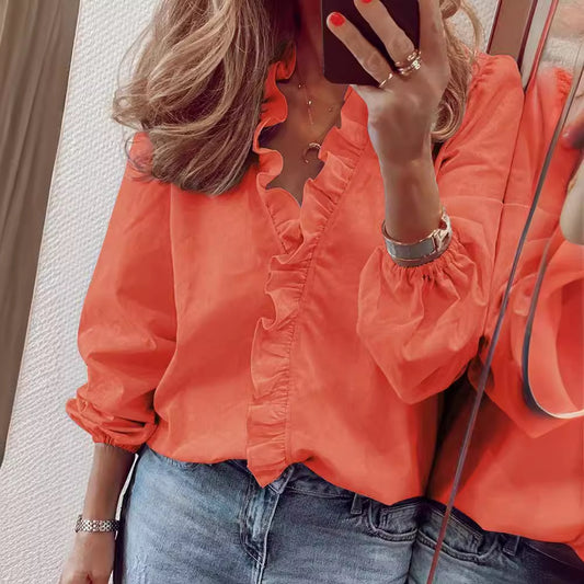 Women's Long Sleeve Pure Color Ruffles Shirt Blouses