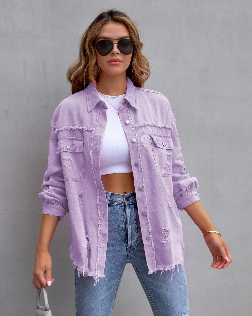 Women's Raw Hem Ripped Denim Long-sleeved Casual Jackets