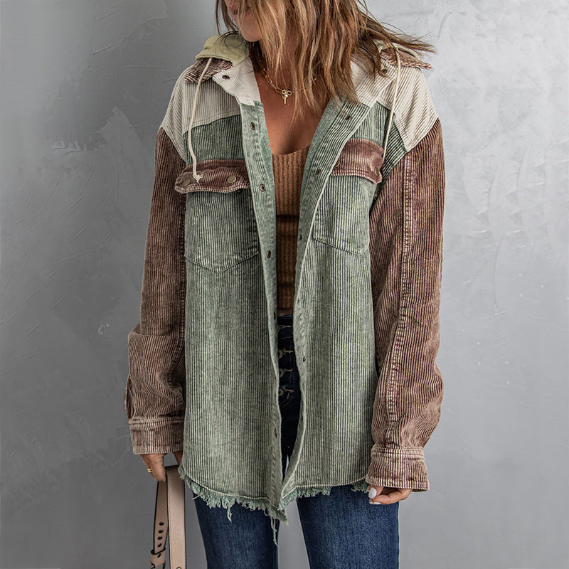 Women's Hooded For Color Contrast Patchwork Single-breasted Jackets