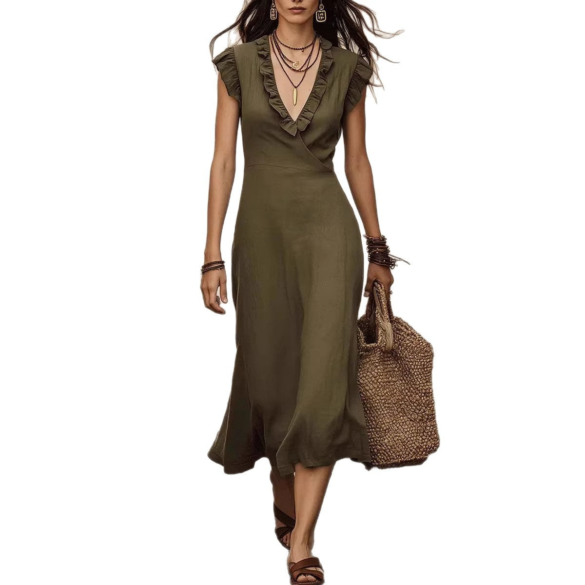 Women's French Style Cotton Linen Flying Sleeves Ruffled Dress
