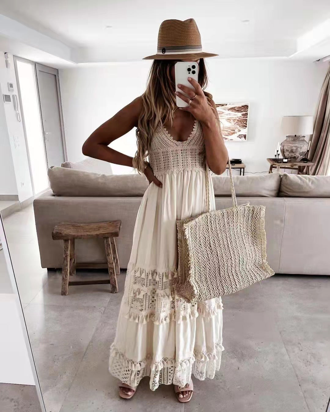 Women's Dress Casual Lace Stitching Sleeveless Long Dresses