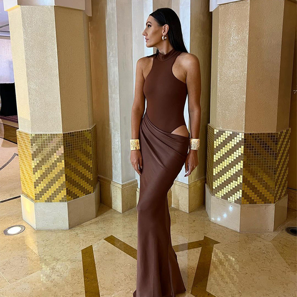 Women's Color High Neck Sexy Sleeveless Hollow Out Stitching Dress
