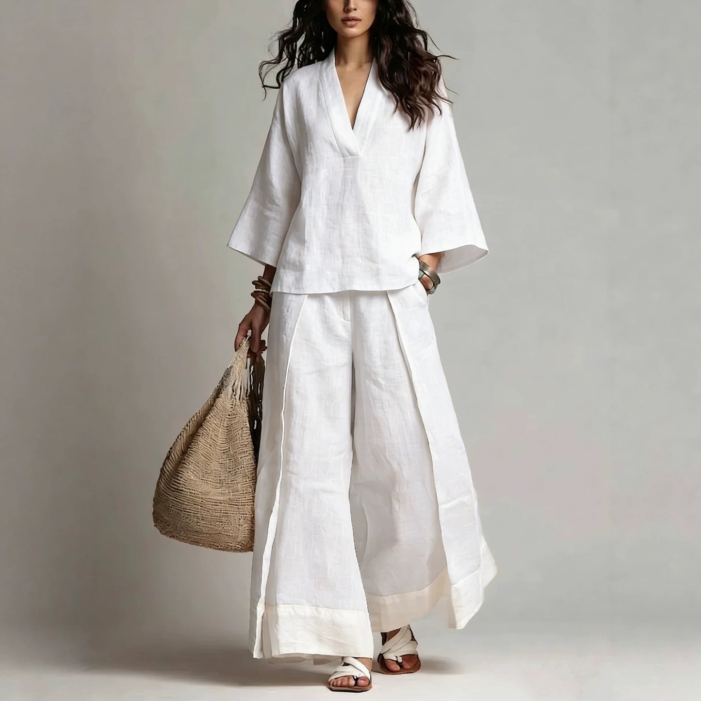 Women's Cotton Linen French Collar Sleeve Shirt Contrast Fashion Casual Suit