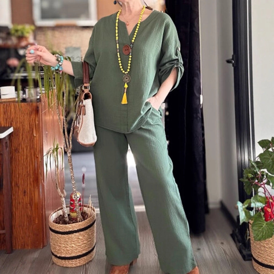 Women's Cotton Linen Loose Two-piece Half Sleeve Fashion Casual Suit