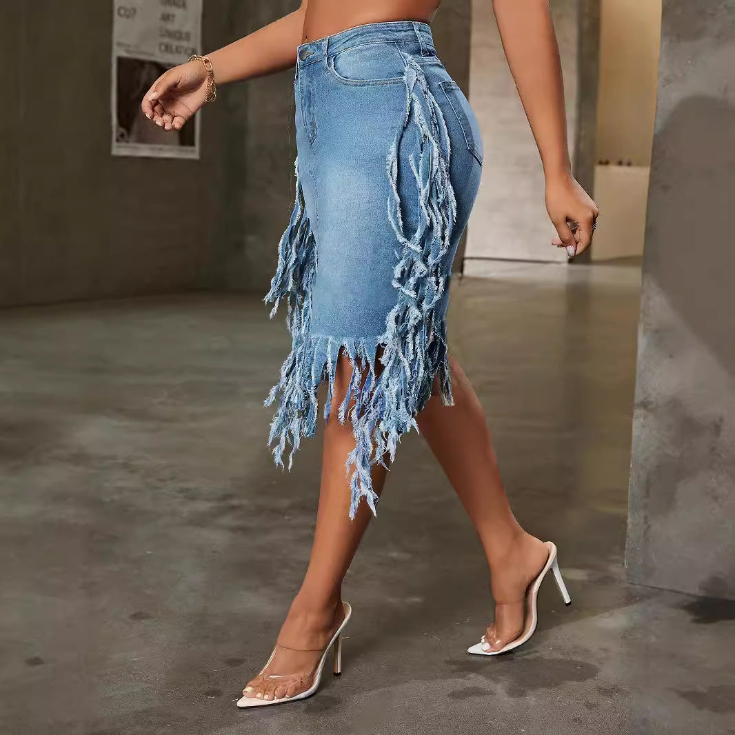 Trendy Sexy Washed Denim Tassel High Skirts