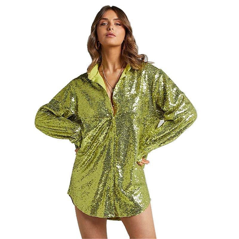 Women's Sequin Long Sleeve Loose Large Mid-length Blouses