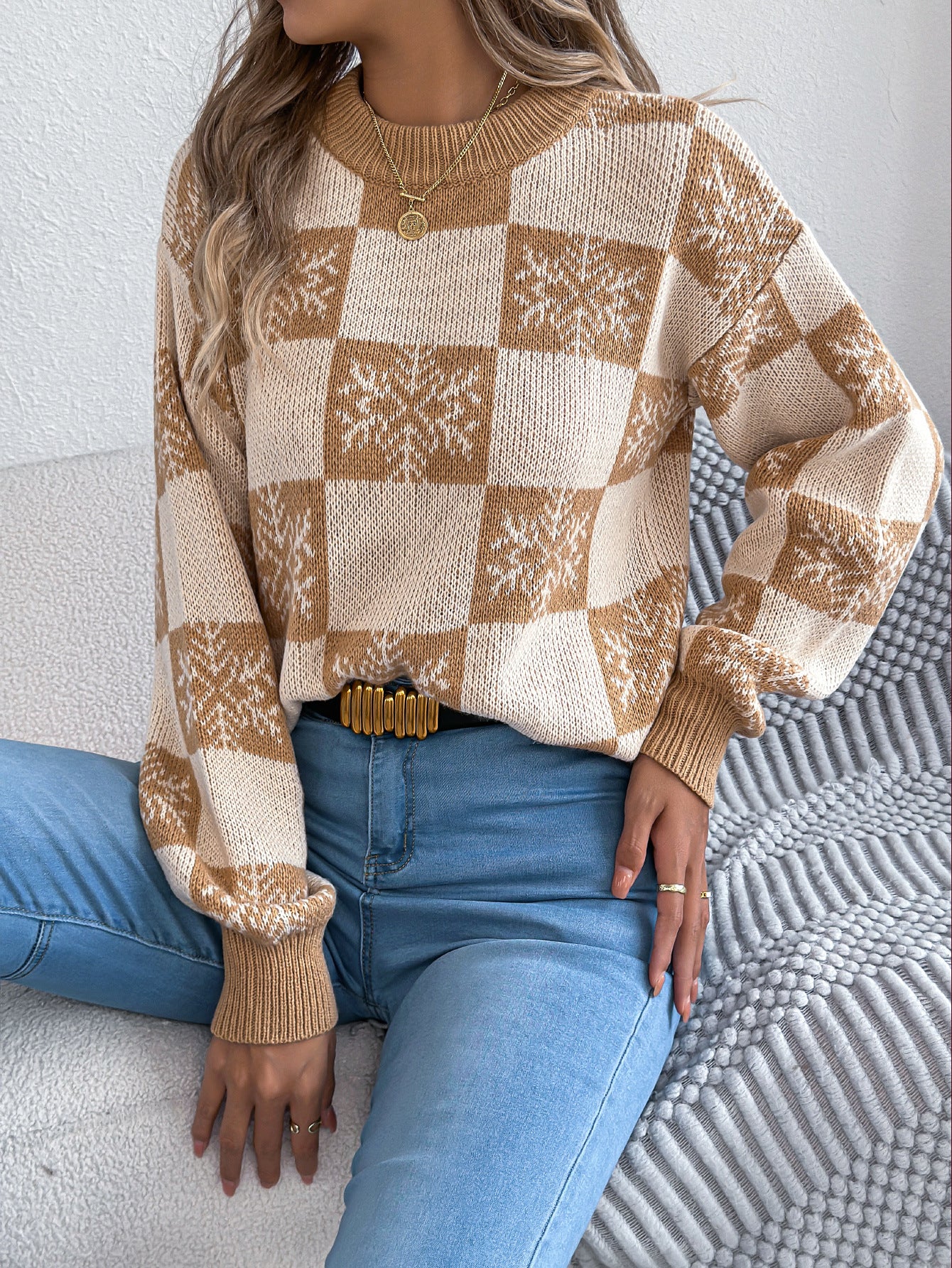 Women's Snowflake Plaid Lantern Long Sleeve Pullover Sweater