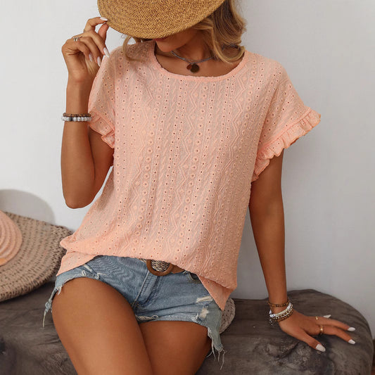 Women's Solid Color Round Neck Sweet Short-sleeved Blouses