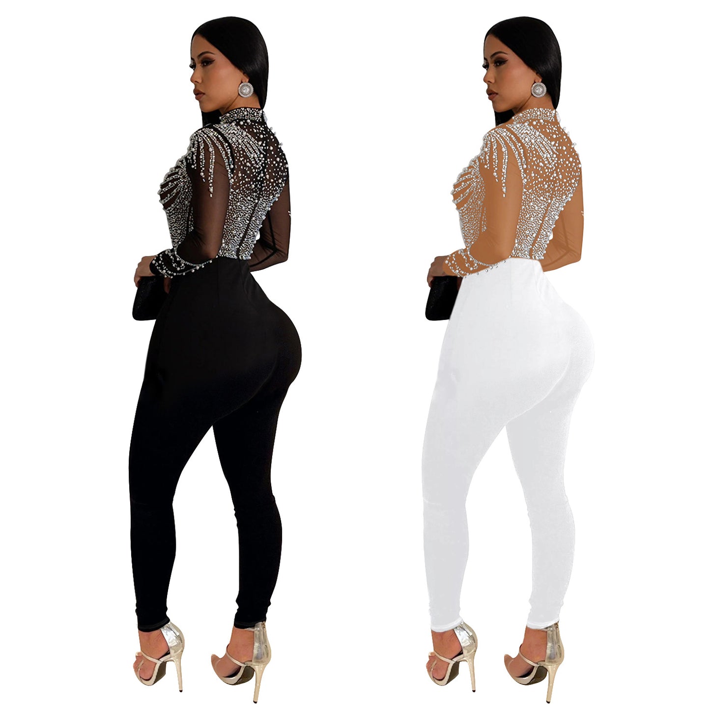 Women's Wear Pure Color Mesh Rhinestone Long-sleeved Suits