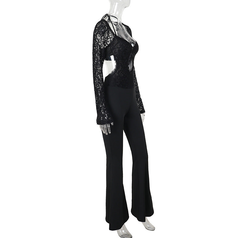 Women's Autumn Elegant Long Sleeve Lace Backless Jumpsuits