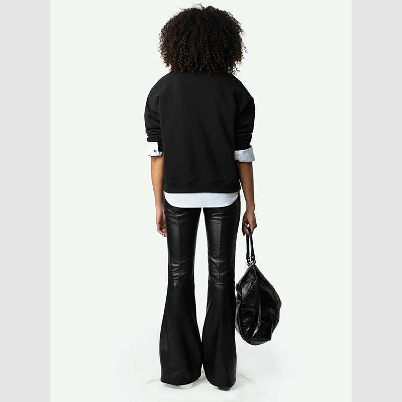 Women's French Niche Letters Flocking Rhinestone Fleece Sweaters