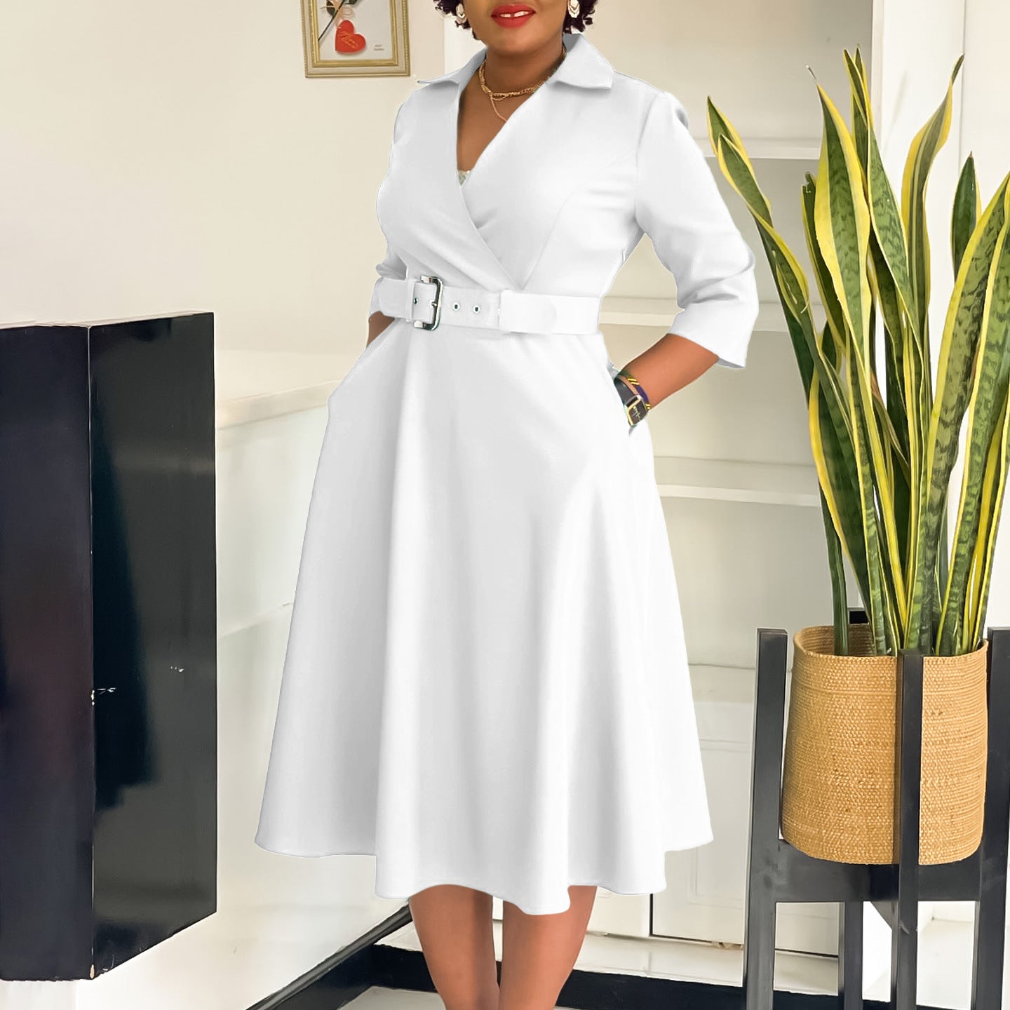 Women's Autumn Lapel Fashion Temperament Pure Color Big Dress