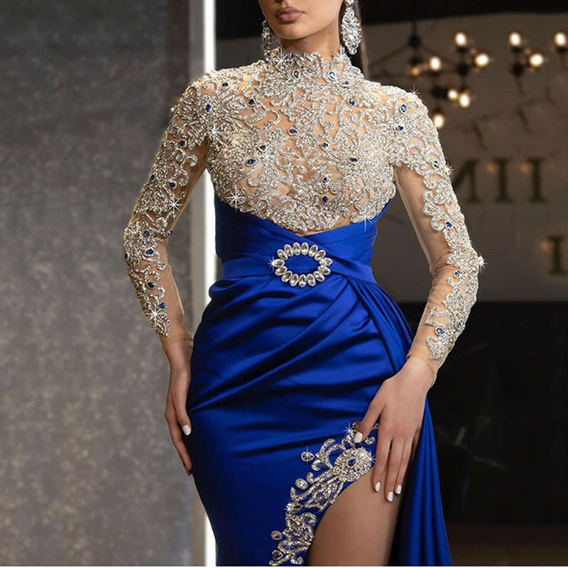 Women's Dress Blue Gold Round Neck Long Dresses