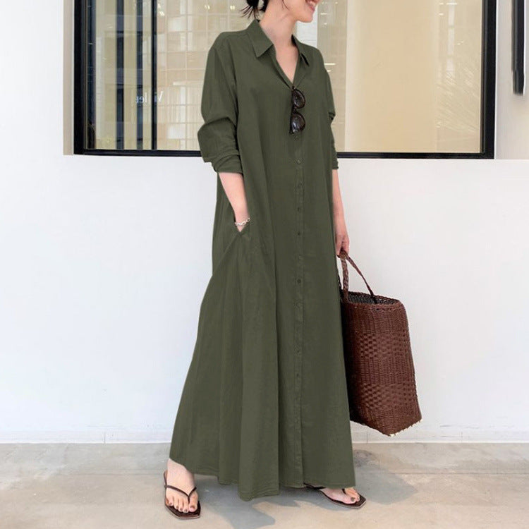 Solid Color Lapel Long Sleeve Pocket Simple Loose Dress