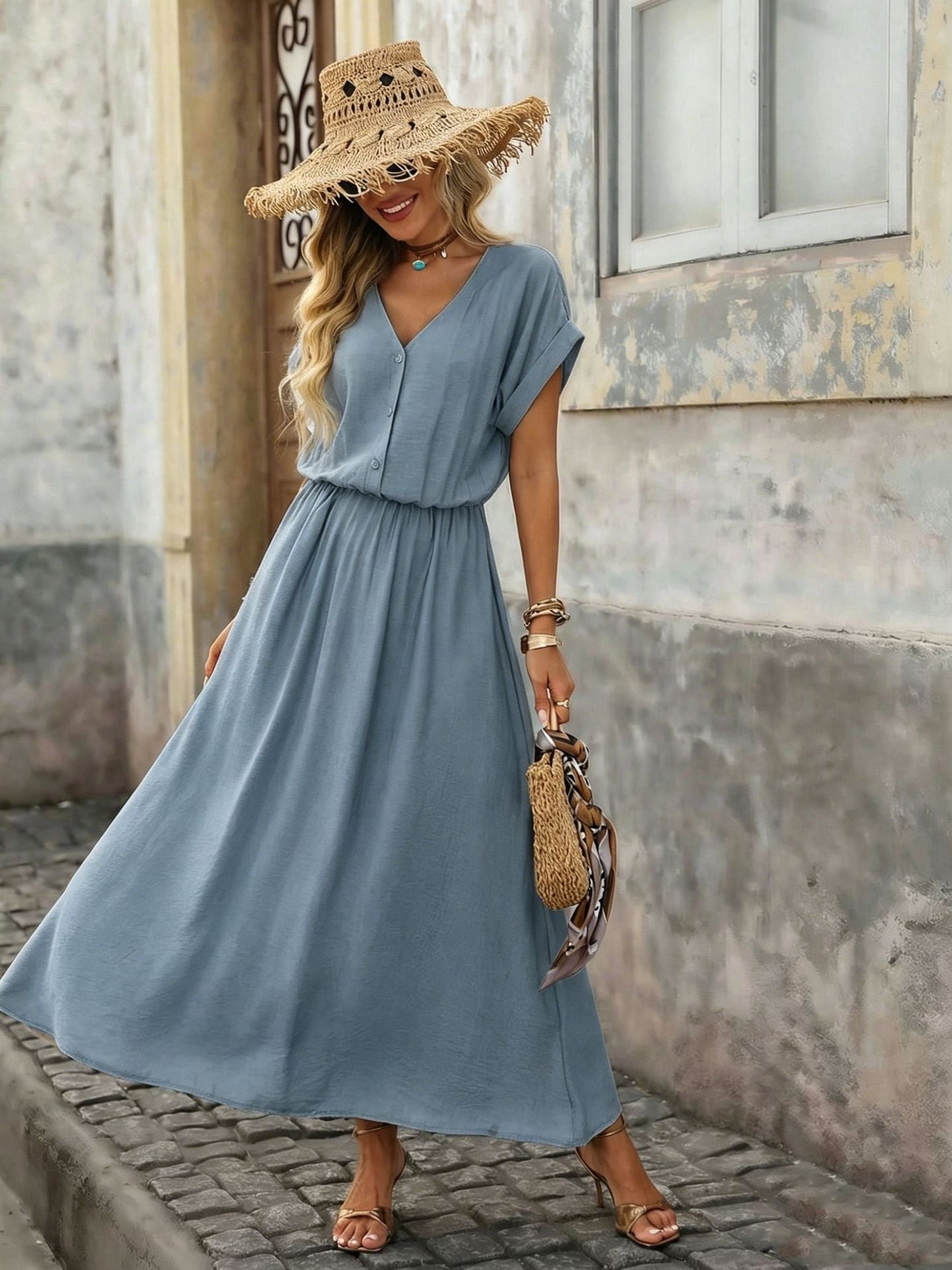 Women's Summer Solid Color Waist Tight Batwing Sleeve Dress