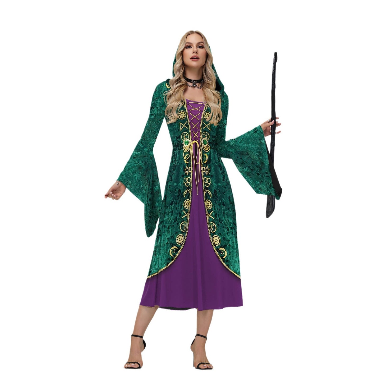 Women's Halloween Witch Also Crazy Hooded Bell Sleeve Digital Dress