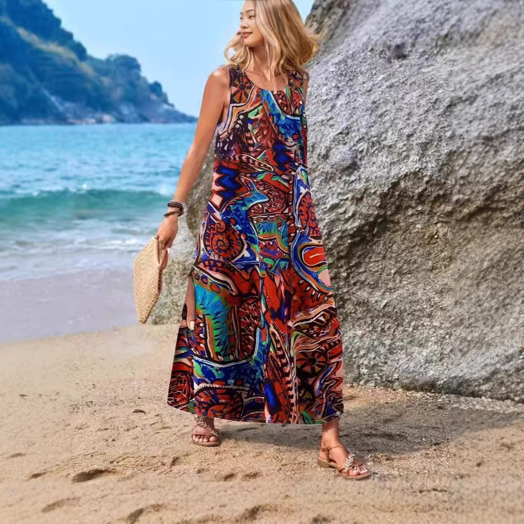 Elegant Women's Sleeveless Casual Bohemian Printed Dress
