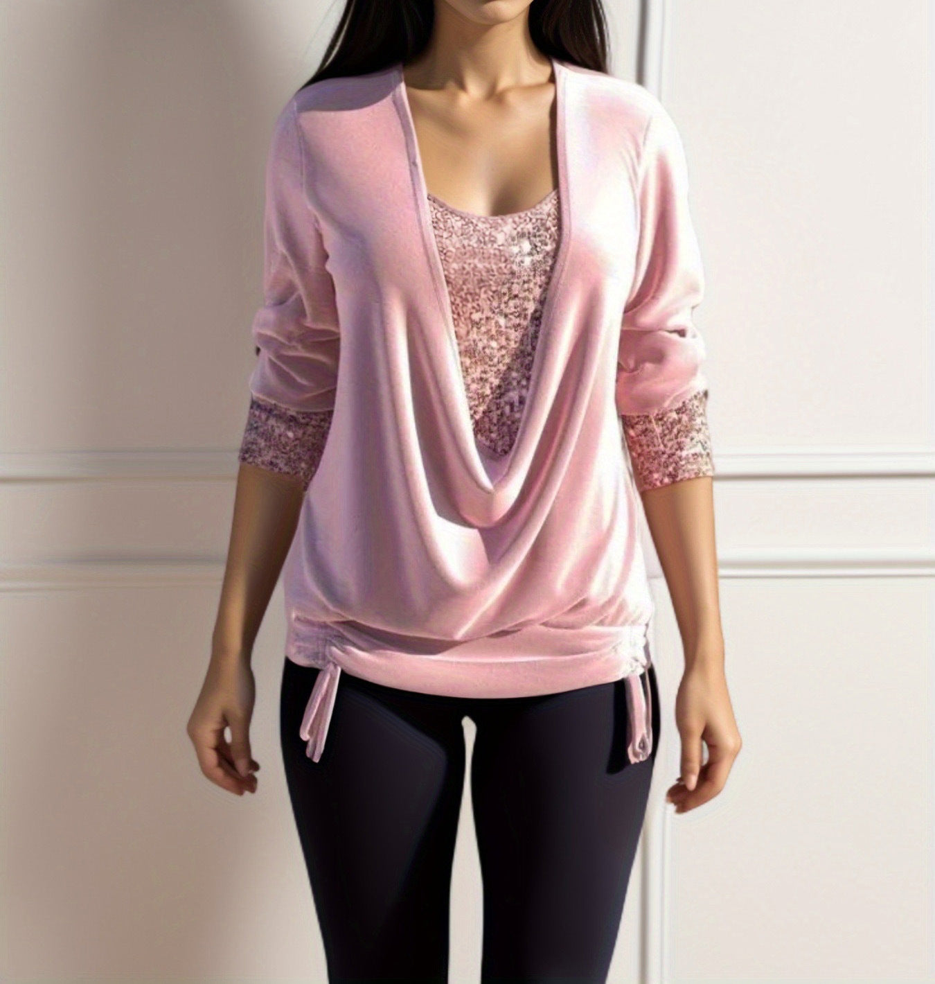 Women's Sequin Long Sleeve Large Drop Collar Clothing