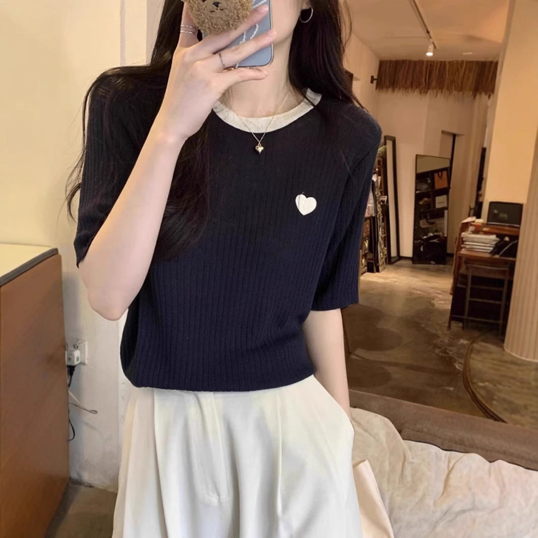 Women's Summer French Style Loose Contrast Color Love Embroidered Knitwear