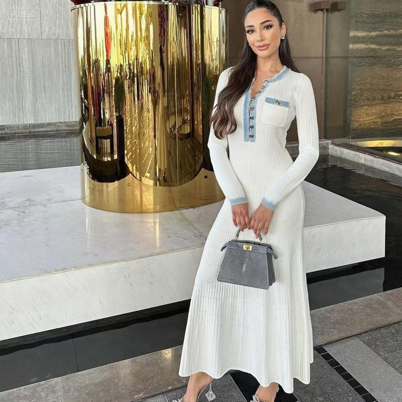 Denim Long-sleeved Knitted Simple Round Neck Slimming Dress