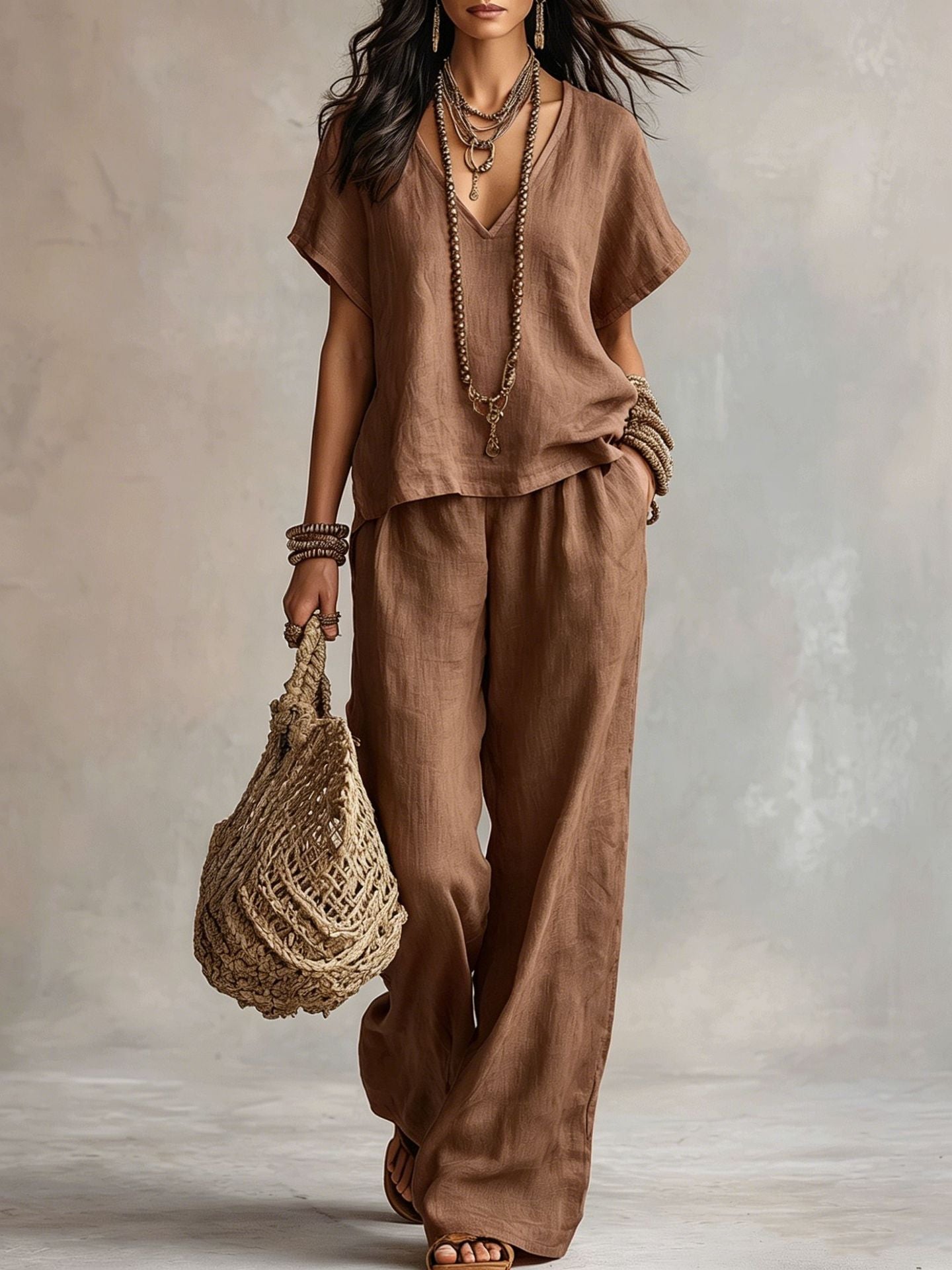 Women's Solid Color Loose Short-sleeved Trousers Two-piece Suits