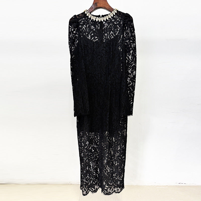 Fashion Bead Long-sleeved Water-soluble Lace Dress Dresses