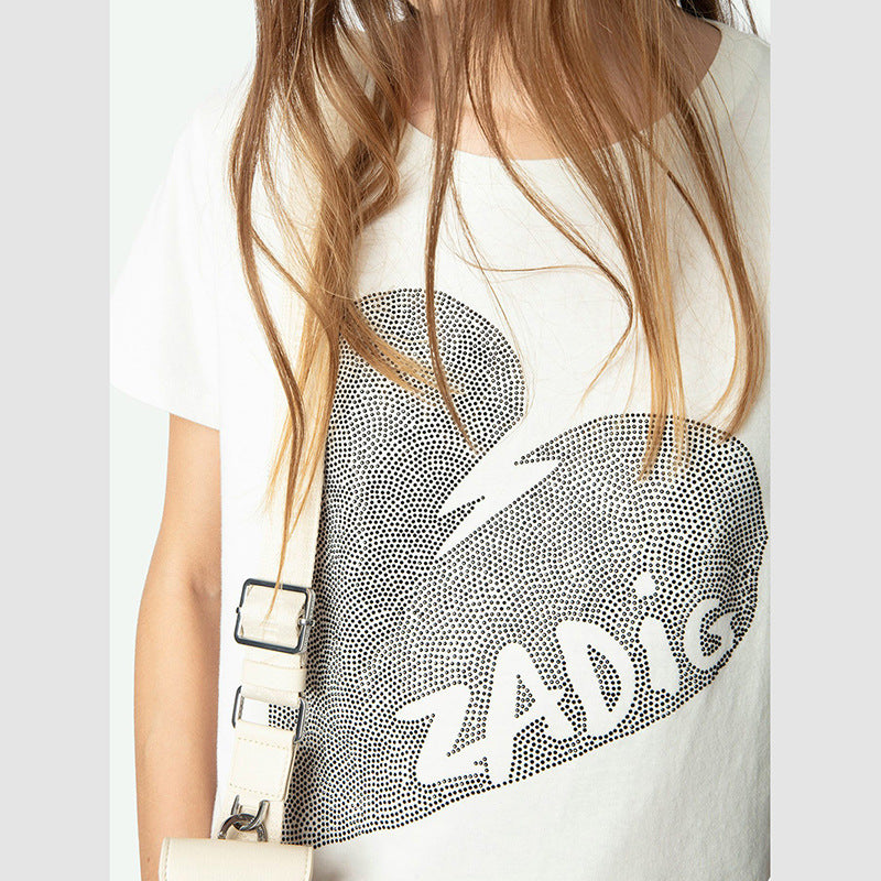 Women's French Small Big Heart Letter Hot Rhinestone Blouses