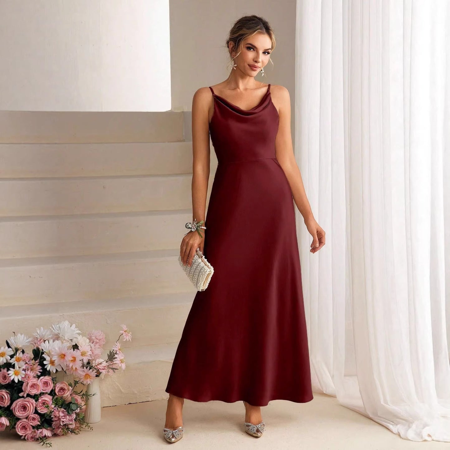 Solid Color Sling Bridesmaid Long Slim Fit Slimming Formal Dress