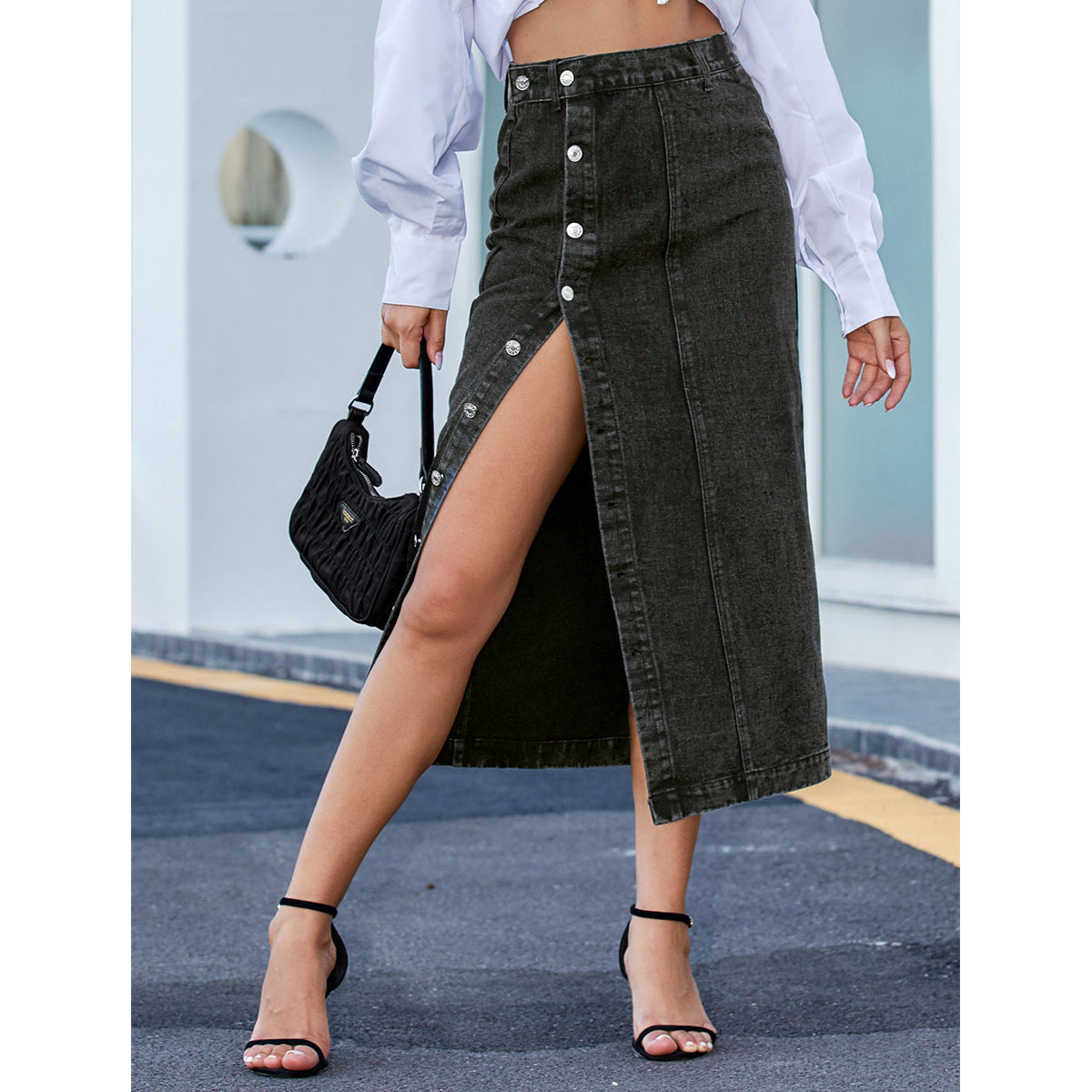 Women's Button Irregular Slit Denim High Waist Skirts